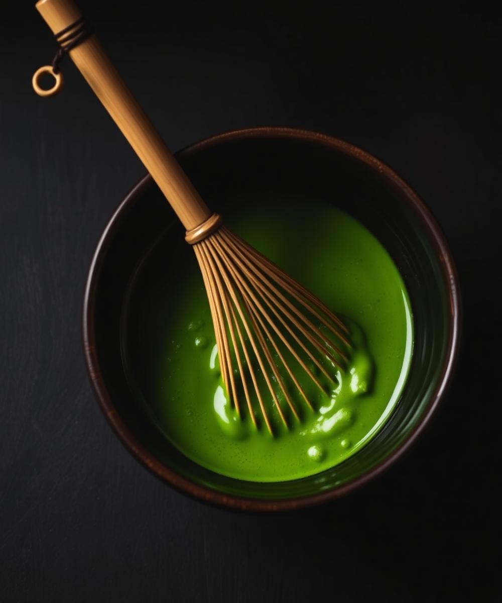 Matcha whisked in a dark ceramic bowl