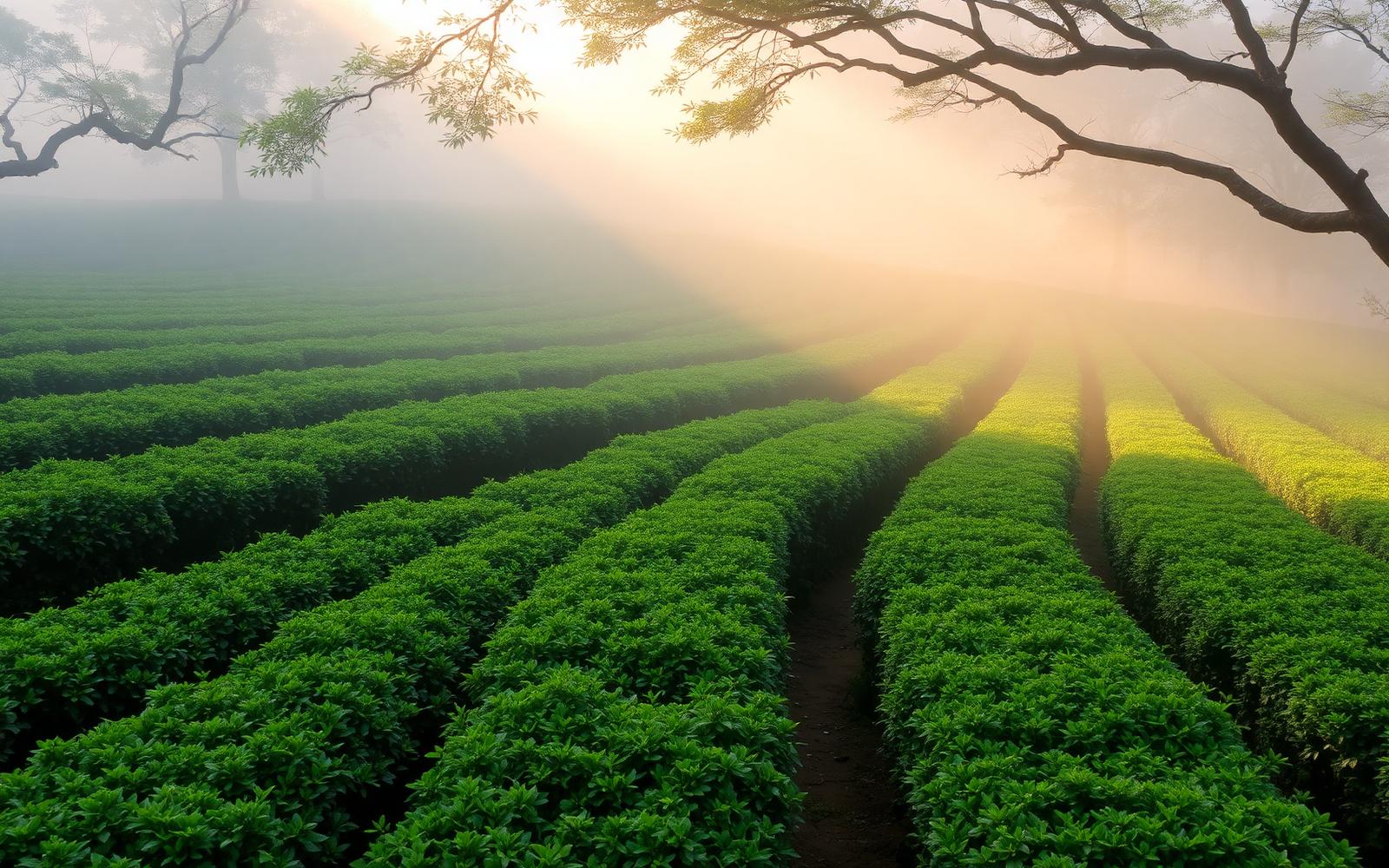 Shade-grown Japanese tea garden in early light